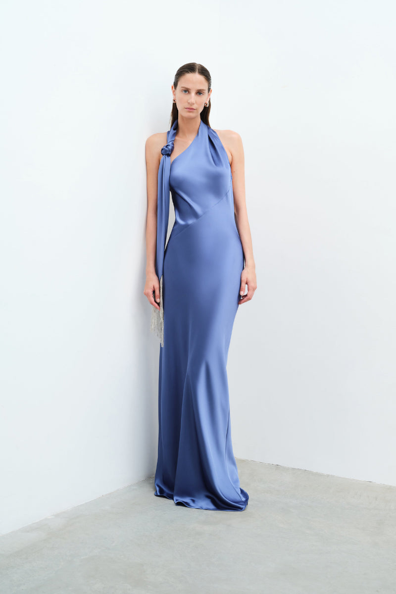 BRICE ONE SHOULDER SATIN MAXI DRESS IN BLUE