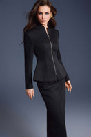 Black zipper peplum top by Keira Tong, featuring a fitted silhouette with a front zipper detail and peplum flare.