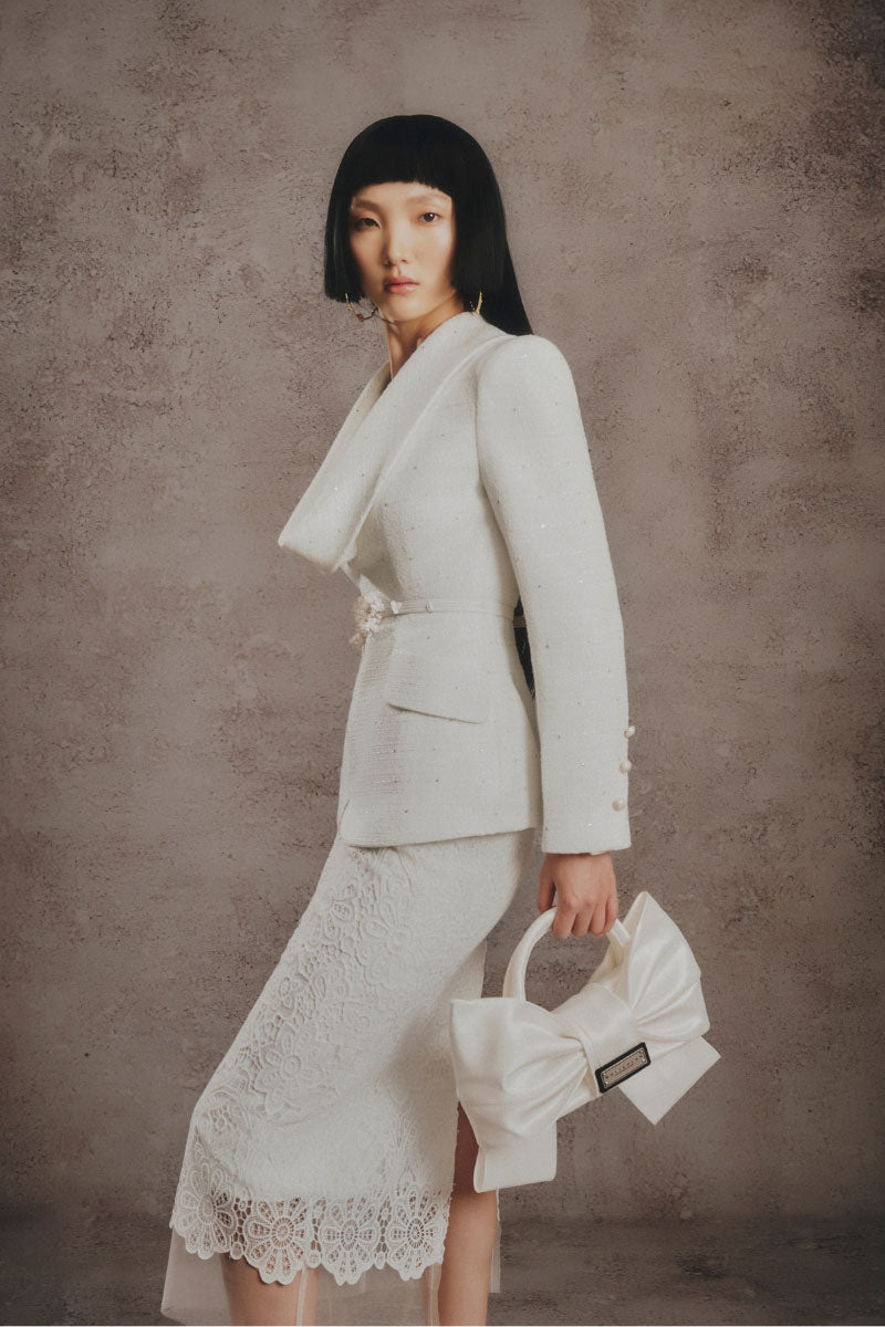 Ivory lace tailor co-ords set by White Plan featuring a stylish matching top and pants with intricate lace detailing.