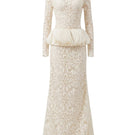 Elegant Margée Atelier Ethereal Lace Peplum Gown with intricate lace details and flowing fabric.