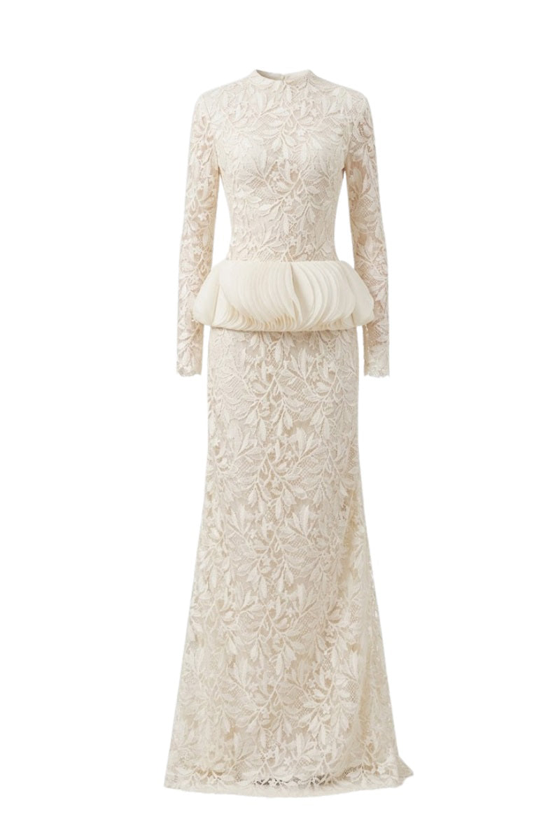 Elegant white lace peplum maxi dress by Margée Atelier featuring intricate lace details and flowing fabric.