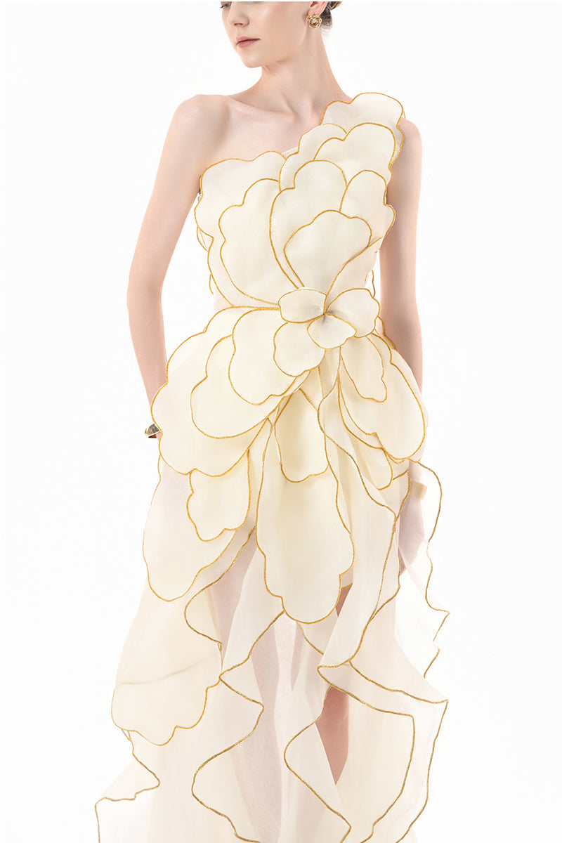 Elegant ivory sculpted petal gown by Happy Clothing featuring floral-inspired design and flowing fabric for formal occasions.