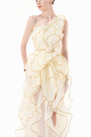 Elegant ivory sculpted petal gown by Happy Clothing featuring floral-inspired design and flowing fabric for formal occasions.