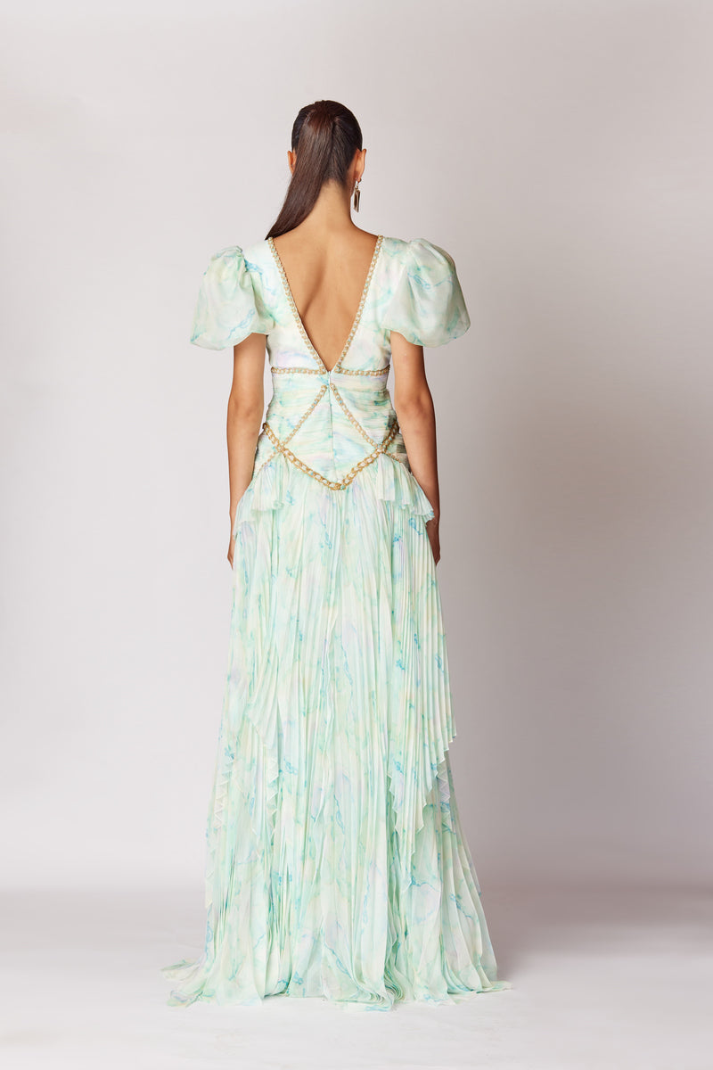 GREEN HANDMADE PUFF SLEEVE PLEATED LONG DRESS - CULT MIA