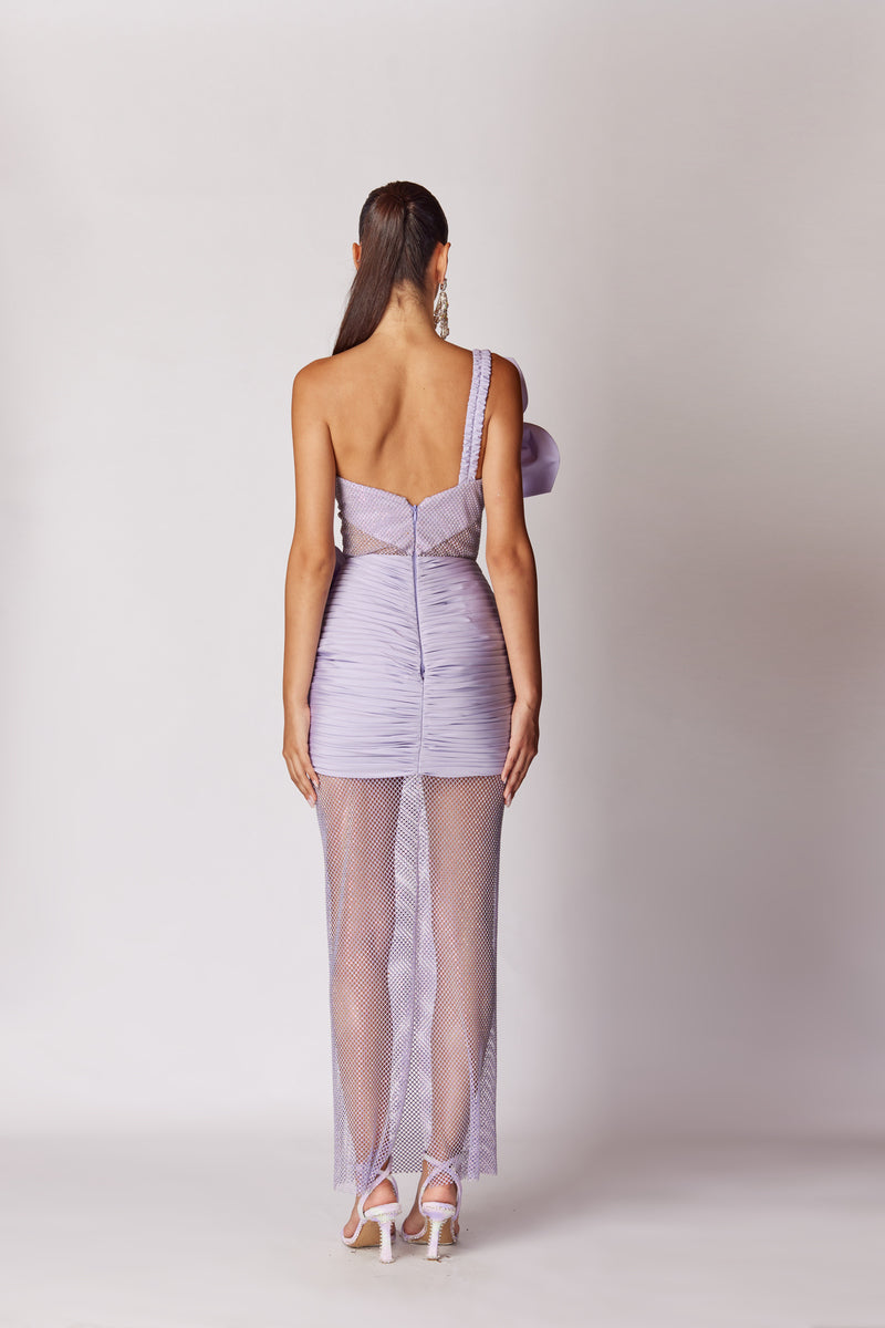 LILAC STONE PRINTED LACE MIDI DRESS WITH 3D FLOWERS - CULT MIA