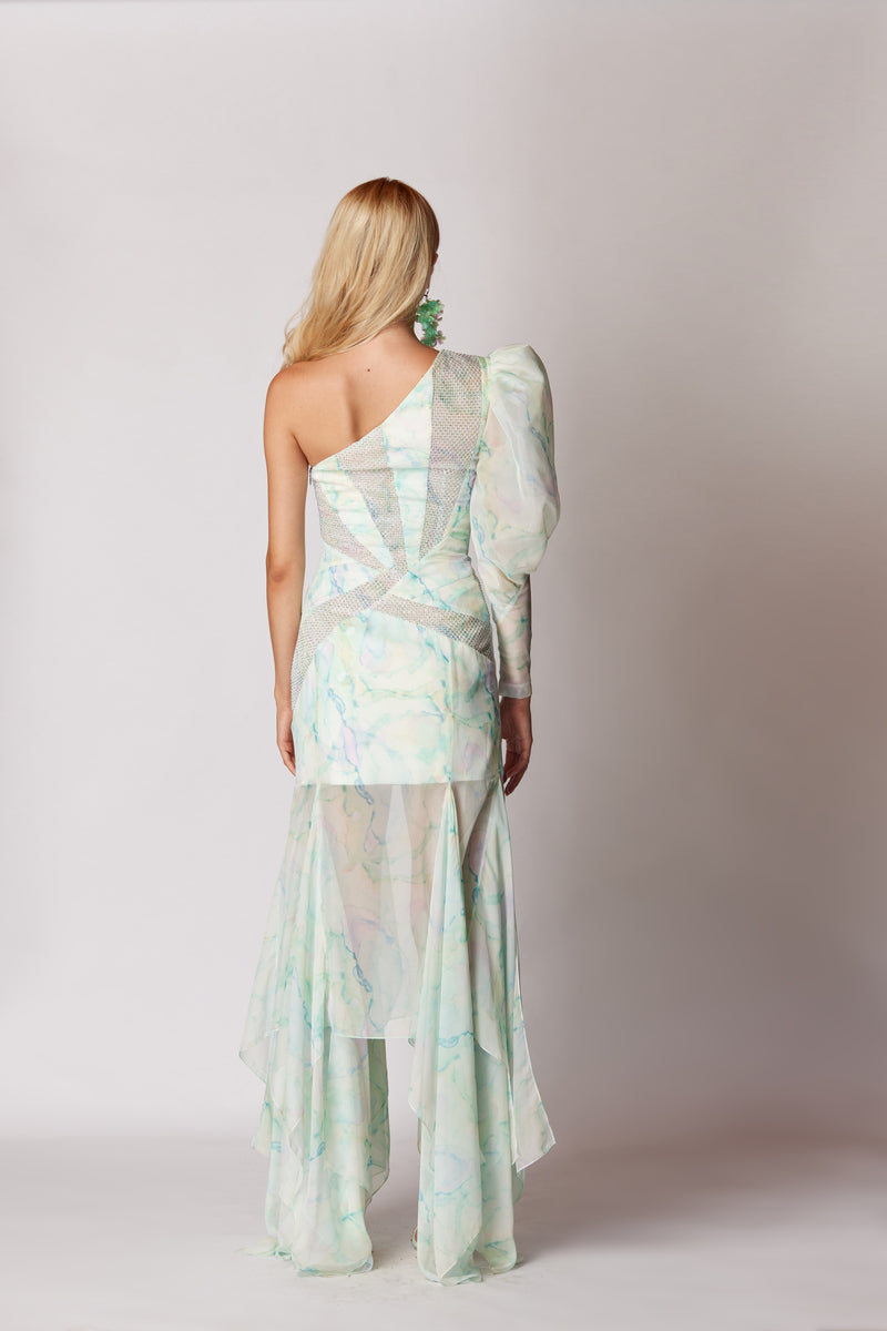 GREEN ONE-SHOULDER STONE PRINTED LACE MAXI DRESS - CULT MIA