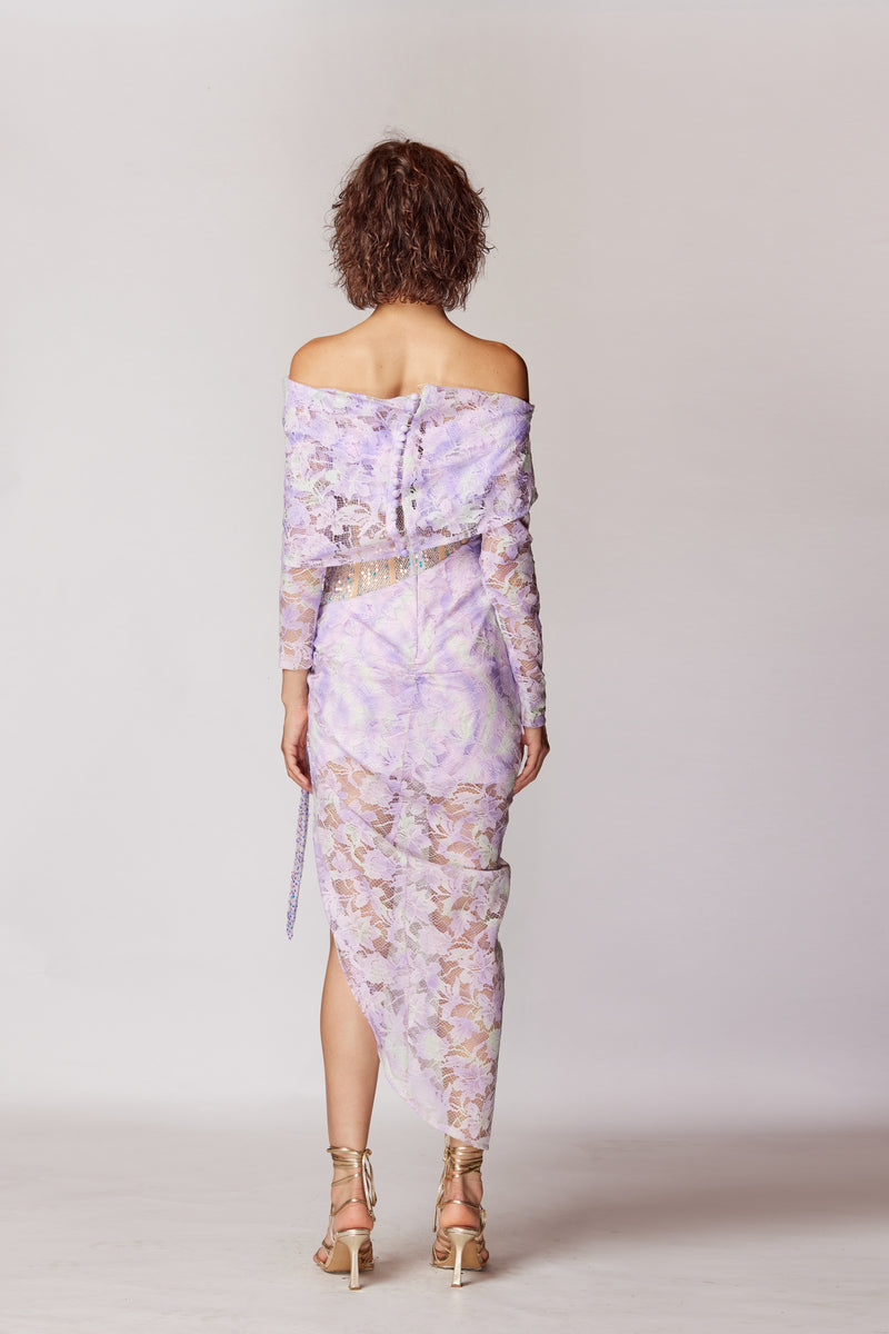 LILAC SEQUINED LACE LONG SLEEVE ASYMMETRICAL DRESS - CULT MIA