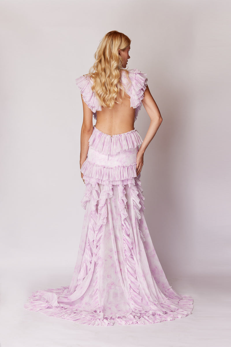 LILAC DEGRADE PATTERNED RUFFLED MAXI DRESS - CULT MIA