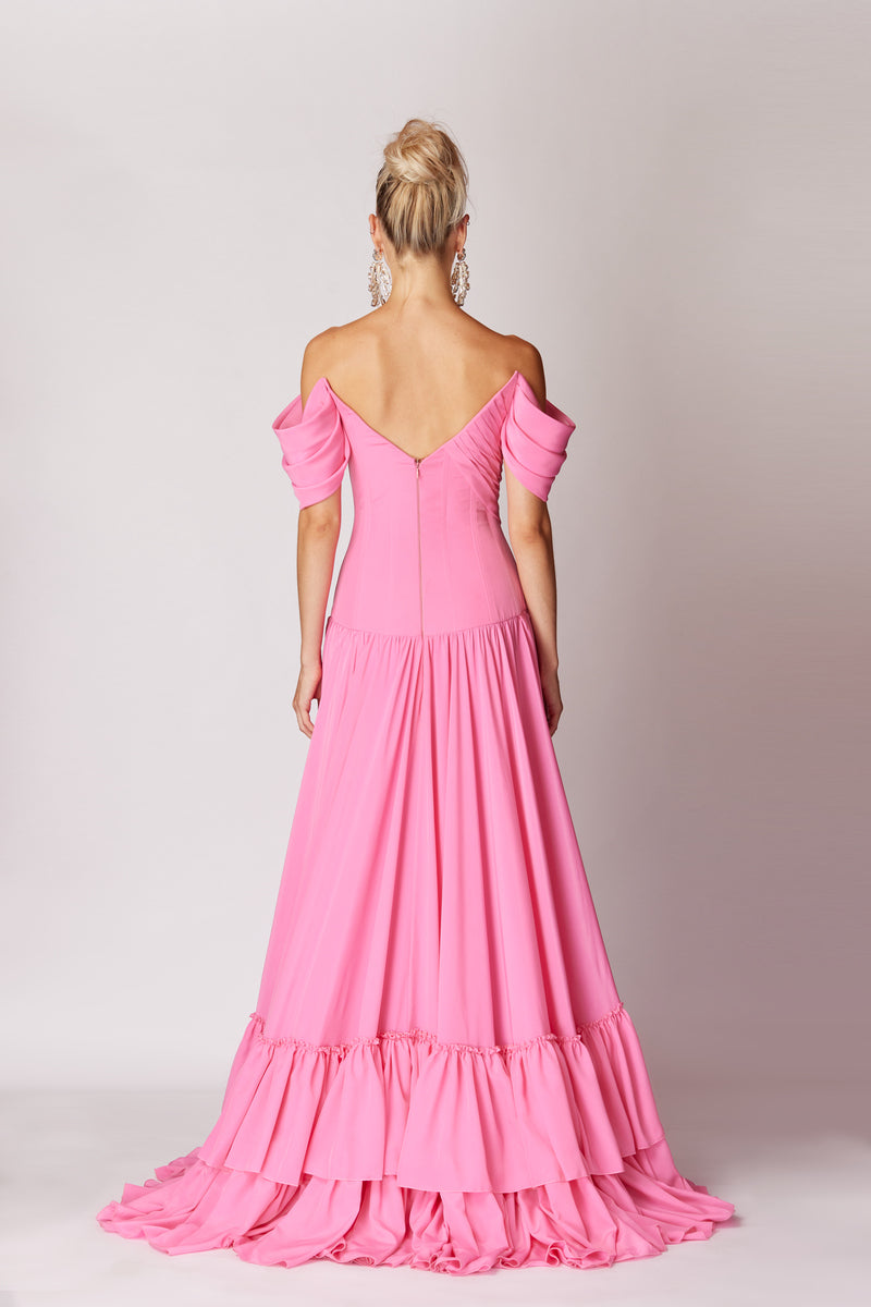 PINK BOAT NECK MAXI DRESS WITH BROOCH - CULT MIA
