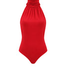 Red AWAVE turtleneck bodysuit with open back detail, form-fitting top for stylish, modern fashion.