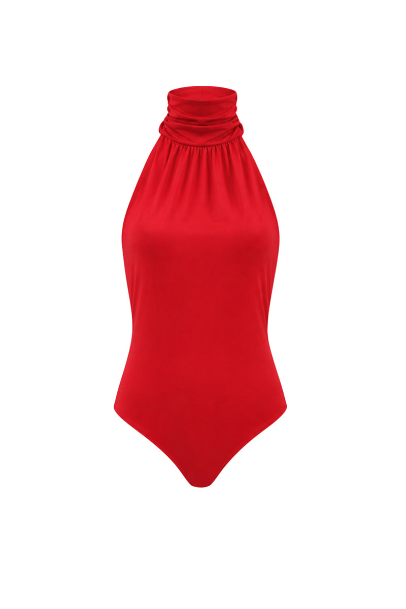 Red AWAVE turtleneck bodysuit with open back detail, form-fitting top for stylish, modern fashion.