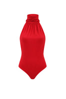 Red AWAVE turtleneck bodysuit with open back detail, form-fitting top for stylish, modern fashion.