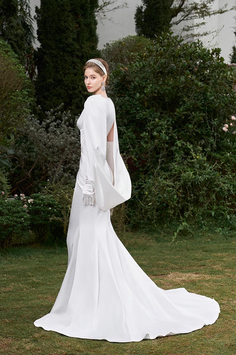 V-NECK MULLET GOWN WITH PLEATED CAPE - CULT MIA