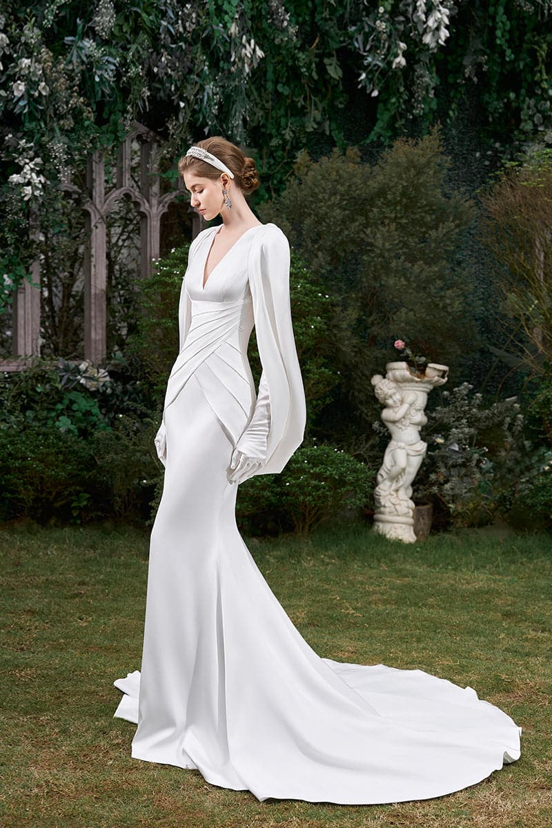 V-NECK MULLET GOWN WITH PLEATED CAPE - CULT MIA