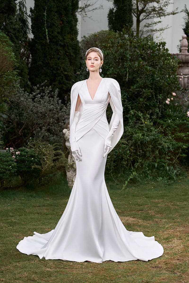 V-NECK MULLET GOWN WITH PLEATED CAPE - CULT MIA