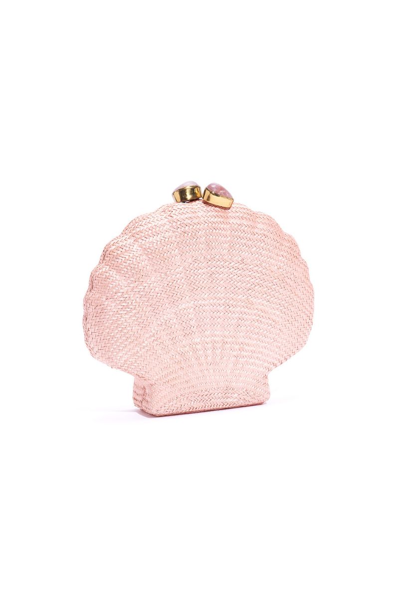 Emm Kuo Le Sirenuse woven shell clutch in pink with textured woven design and compact shape for elegant carrying.
