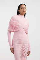 Deme By Gabriella pink draped gown with elegant fabric and flowing design, perfect for formal occasions.