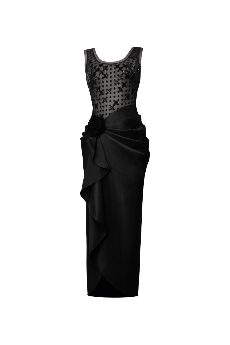 Do Long velvet blossom midi dress featuring a flowy silhouette and floral pattern, perfect for elegant occasions.