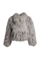 Gray faux fur jacket by Fortini, showcasing its fluffy, plush texture and stylish collar detail.