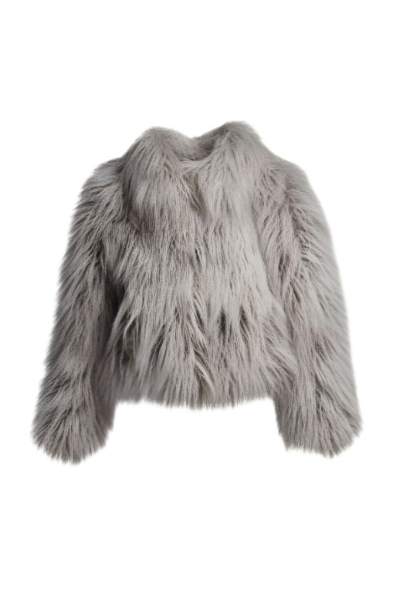 Gray faux fur jacket by Fortini, showcasing its fluffy, plush texture and stylish collar detail.