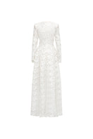 Elegant floral long sleeve lace gown by Tracy Studio featuring intricate lace details and a flowing silhouette.