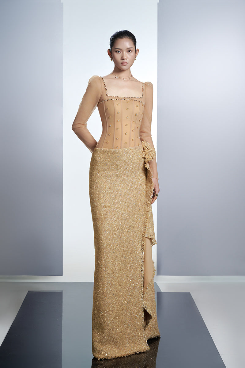 CRYSTAL BODYCON TWEED MAXI DRESS IN BEIGE - CULT MIA