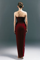 HAPPY CLOTHING CULT MIA X burgundy strapless velvet gown with a fitted silhouette and elegant design.