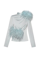 Sky blue high neck top with feather details from Lalo, featuring a stylish and elegant design.