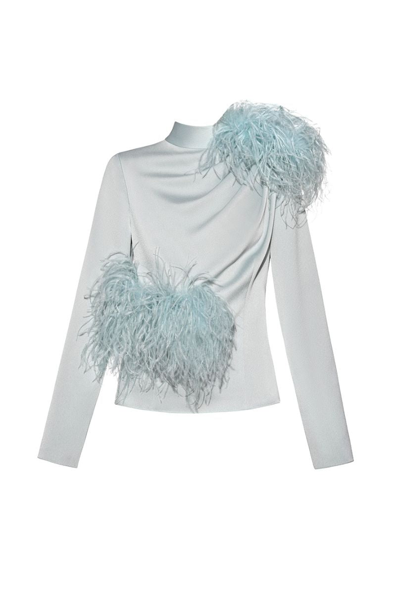 Sky blue high neck top with feather details from Lalo, featuring a stylish and elegant design.
