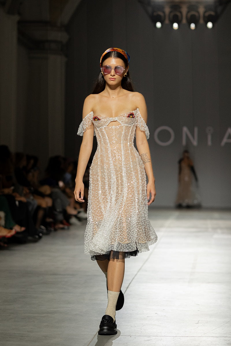 BEADED CORSET DRESS IN MILK - CULT MIA