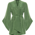 niLuu AQUAFLORA AMARA mini kimono robe in moss, soft fabric with floral pattern, displayed on a hanger.