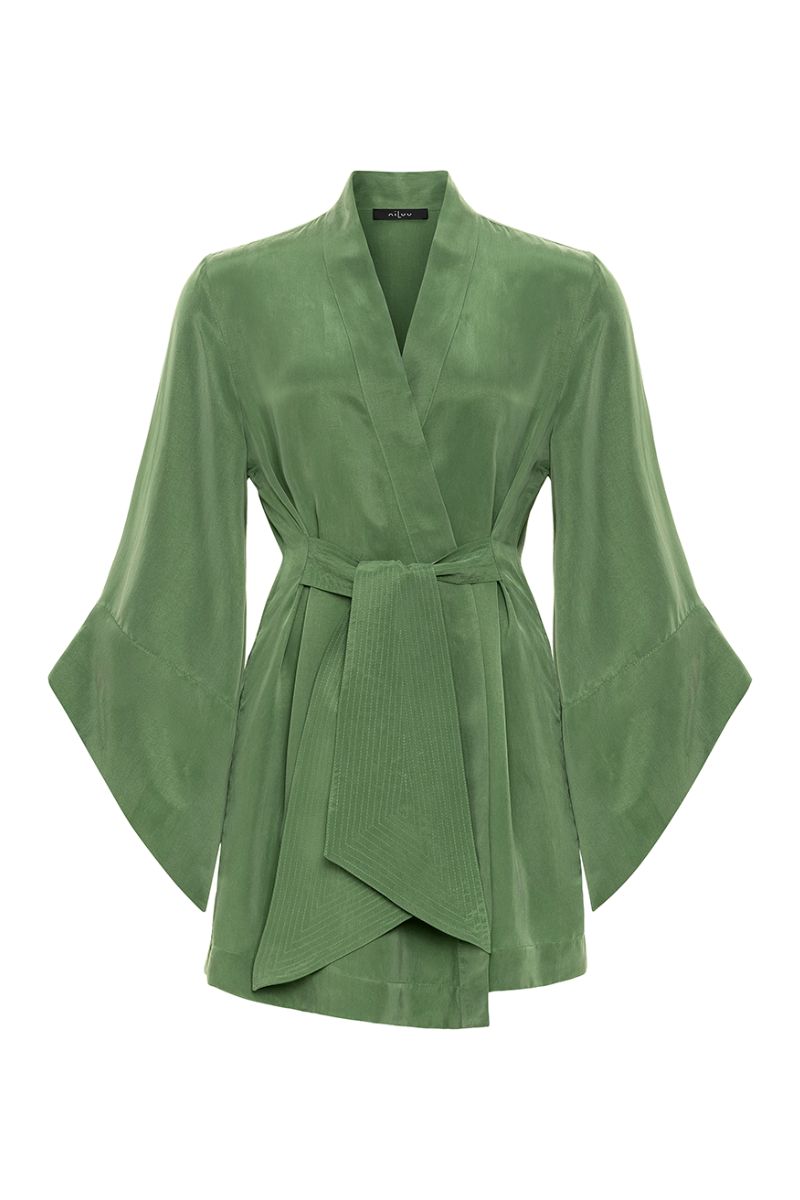 AQUAFLORA AMARA MINI KIMONO ROBE IN MOSS - CULT MIA