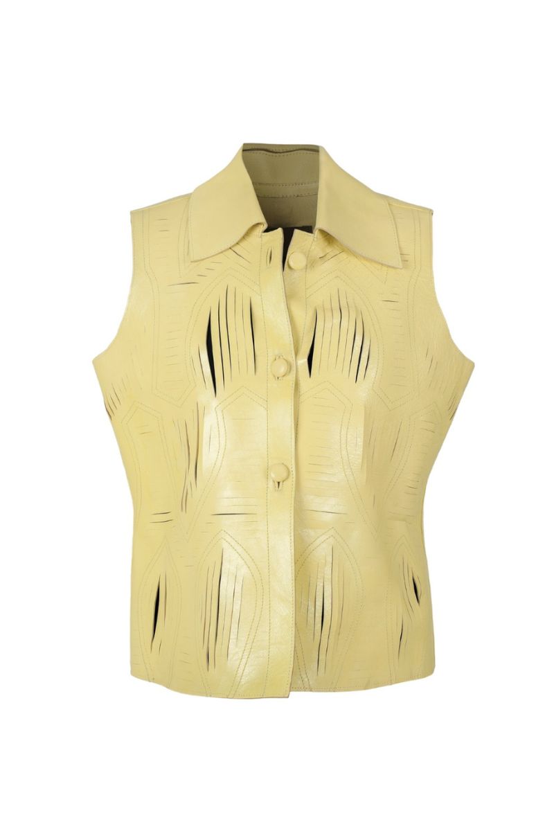 Double A Jayden leather vest in butter yellow, showing a close-up of the stylish, smooth leather vest with a fitted design.