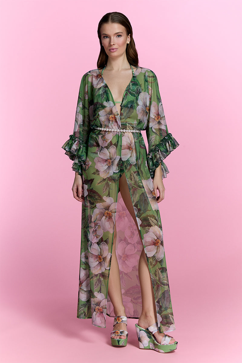 Nur Karaata Havana Glow beach cover-up dress in lightweight fabric with a relaxed fit and tropical print, perfect for beachwear.