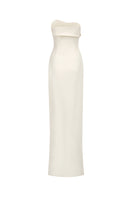 Elegant matte weave Tracy Studio gown with flowing fabric and intricate detailing, displayed on a mannequin.