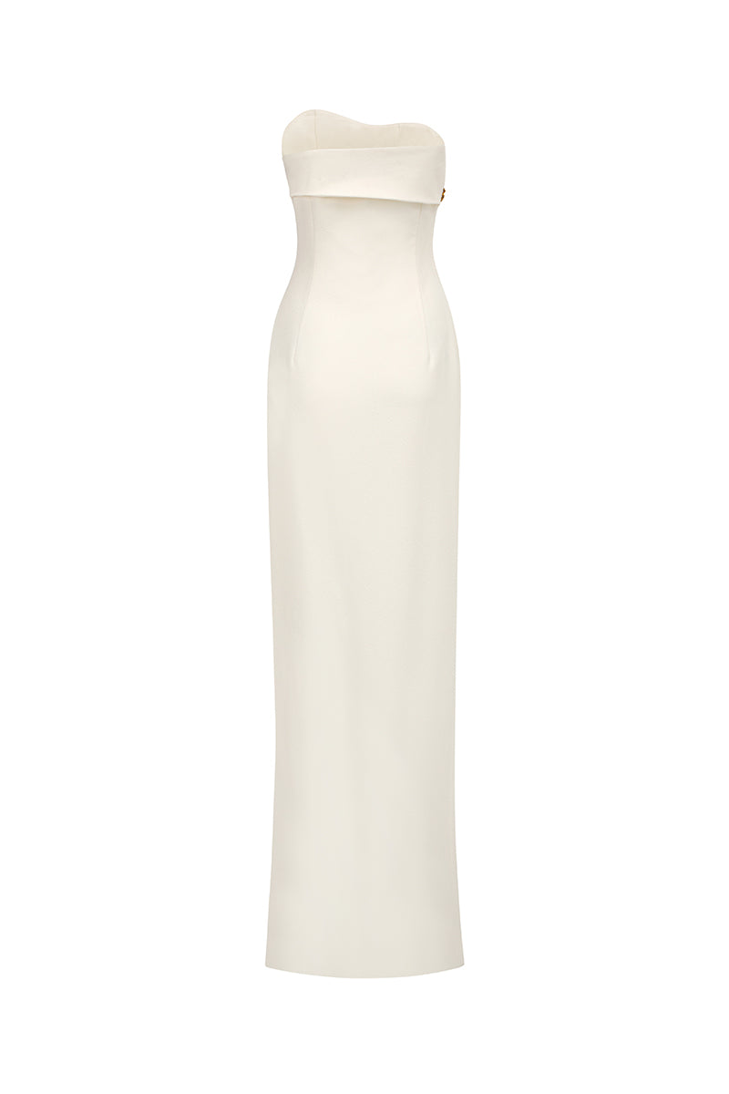 Elegant matte weave Tracy Studio gown with flowing fabric and intricate detailing, displayed on a mannequin.
