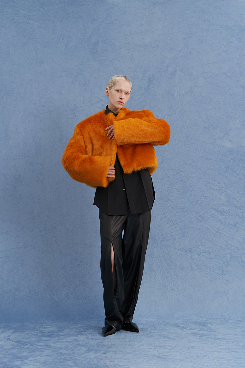 EXAGGERATED SHOULDER SHEARLING JACKET IN ORANGE - CULT MIA