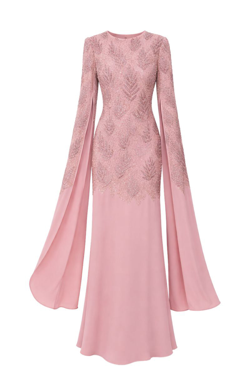 Elegant navy blue Cynthia gown by Raishma featuring intricate embroidery and flowing fabric, perfect for formal occasions.