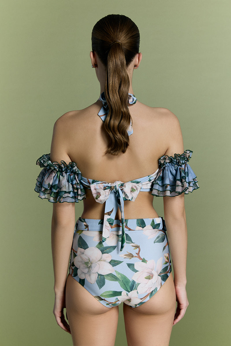 Nur Karaata Coconut Coastline Bikini featuring a vibrant tropical print, adjustable straps, and a stylish bikini top and bottom set.
