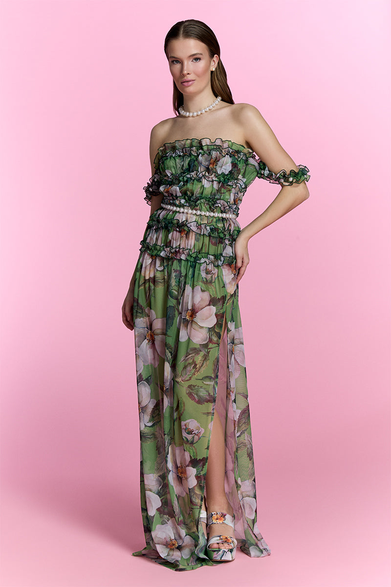 Nur Karaata silk heirloom beach dress, a flowing maxi dress with intricate patterns and lightweight fabric perfect for summer days.