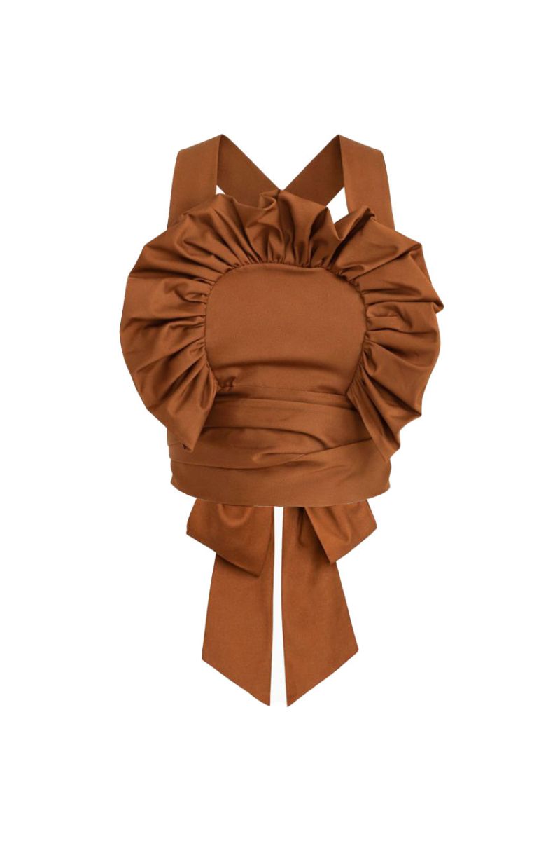 Ana + Maria glazed ginger crop top from the Tops collection, featuring a fitted style with textured glazed ginger fabric.