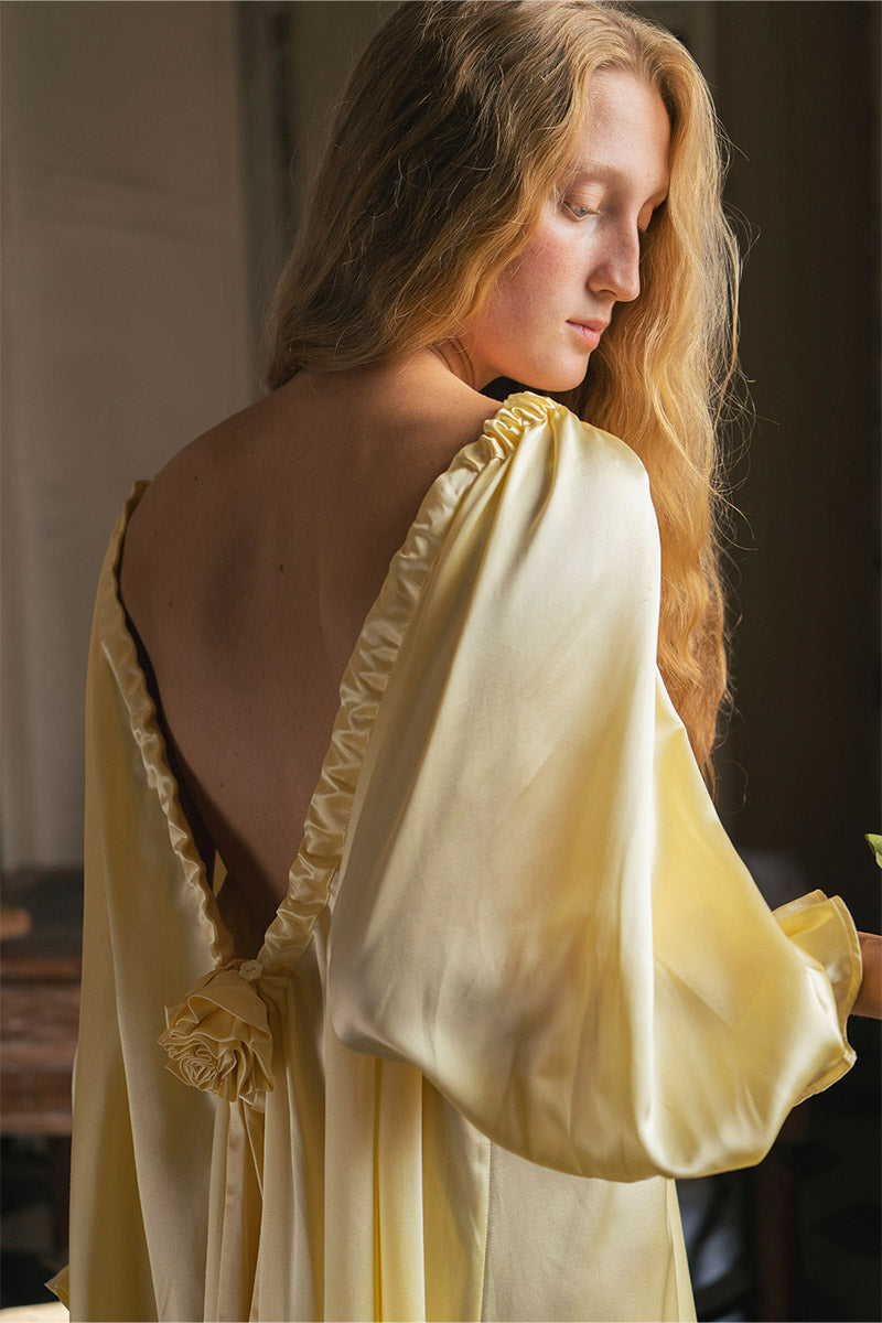 Brown silk custom gown robe by Not Just Pajama, featuring a smooth, luxurious fabric and elegant design, displayed on a hanger.