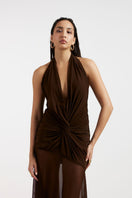 Deme By Gabriella TESS draped brown maxi dress with flowing fabric and elegant draping, full-length style for sophisticated occasions.