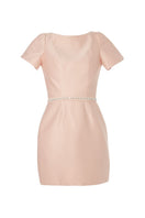 Pink LARA fondant mini dress with diamond belt by BAÉ, featuring a fitted silhouette and elegant design.