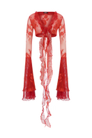 Sudi Etuz lace tie-up top with long sleeves and V-neck, featuring delicate lace details and a stylish, fitted design.