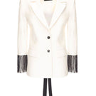 White Vaska blazer with beaded fringe, stylish tailored jacket featuring decorative beaded fringe detail on the sleeves and front.