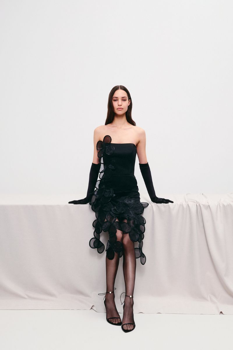 FLORAL APPLIQUÉS SHEER MINI DRESS IN BLACK - CULT MIA