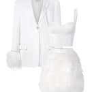 White Kiera Taffeta Feather Blazer Set by 21Six, featuring a stylish blazer with feather details and matching co-ord pants.