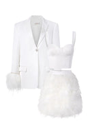 White Kiera Taffeta Feather Blazer Set by 21Six, featuring a stylish blazer with feather details and matching co-ord pants.