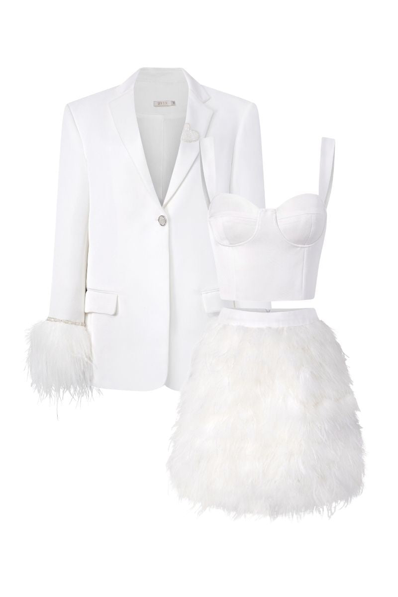 White Kiera Taffeta Feather Blazer Set by 21Six, featuring a stylish blazer with feather details and matching co-ord pants.
